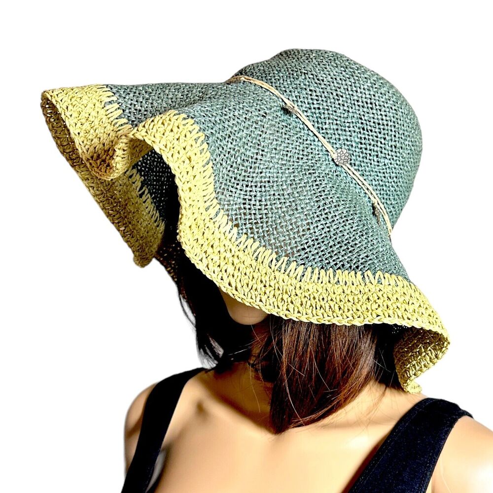 Big Brim Sun Hat Shea Very Floppy Paper Braid Pattern Bead Tropical Trends Green